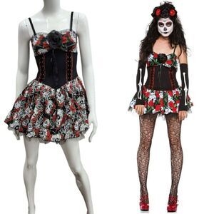 Lip Service Skulls & Roses Dress Up Costume Cosplay Mini Dress Size S